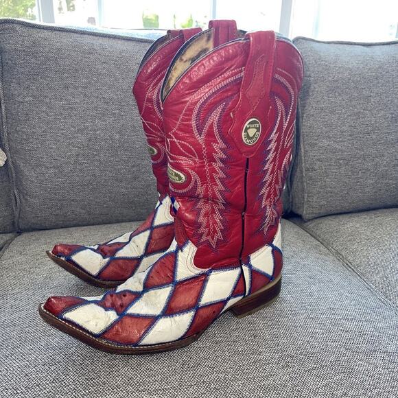 White Diamonds Men 8 Cowboy Boot Ostrich Pointed USA Red White Blue Argyle Joker - Picture 2 of 16